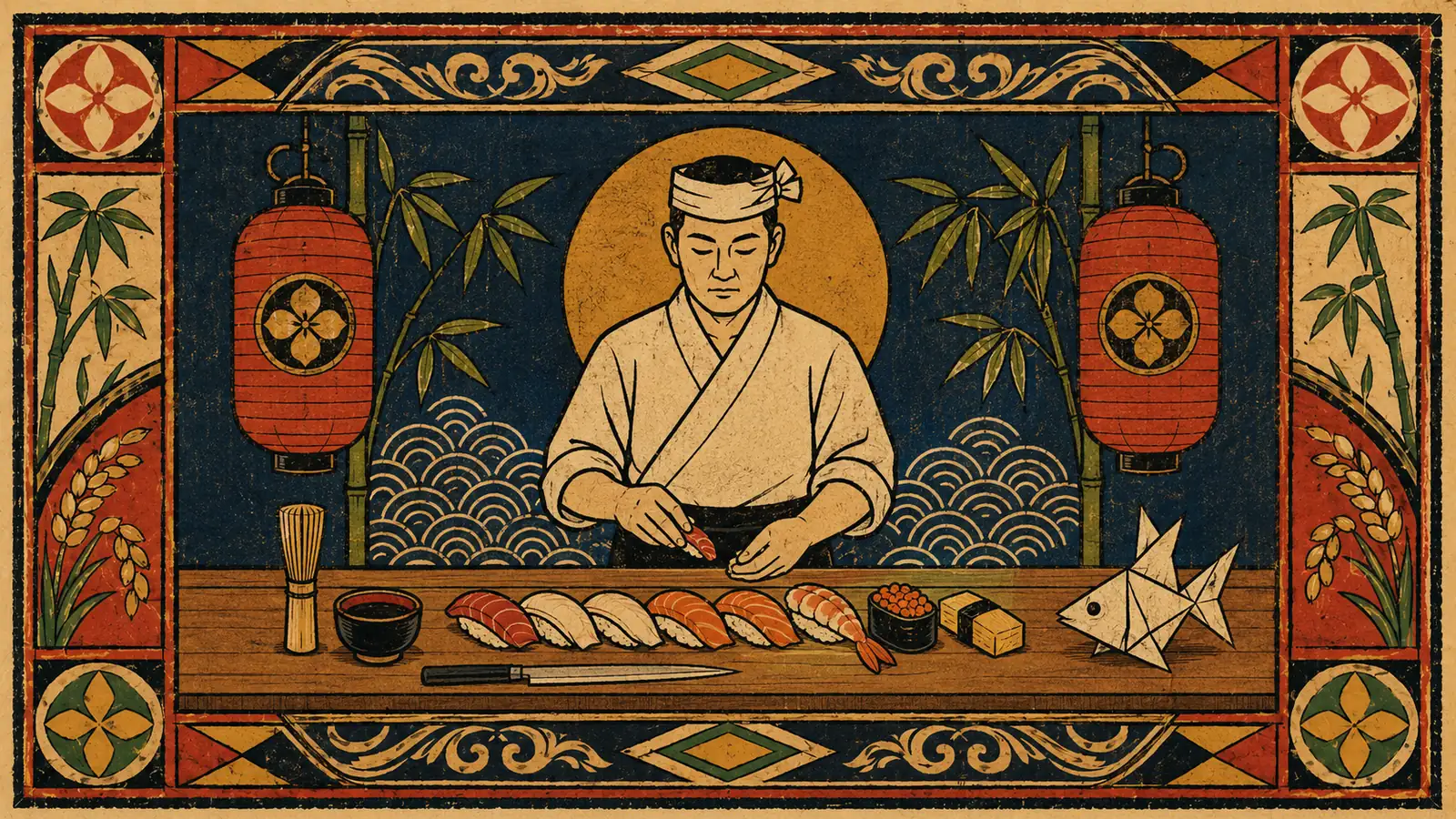 Vintage Japanese matchbox label of a sushi chef at a wooden omakase counter