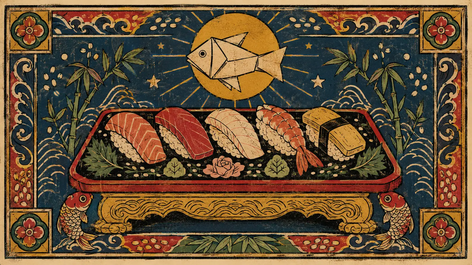 Vintage Japanese matchbox label of sushi pieces arranged on a ceremonial lacquer tray