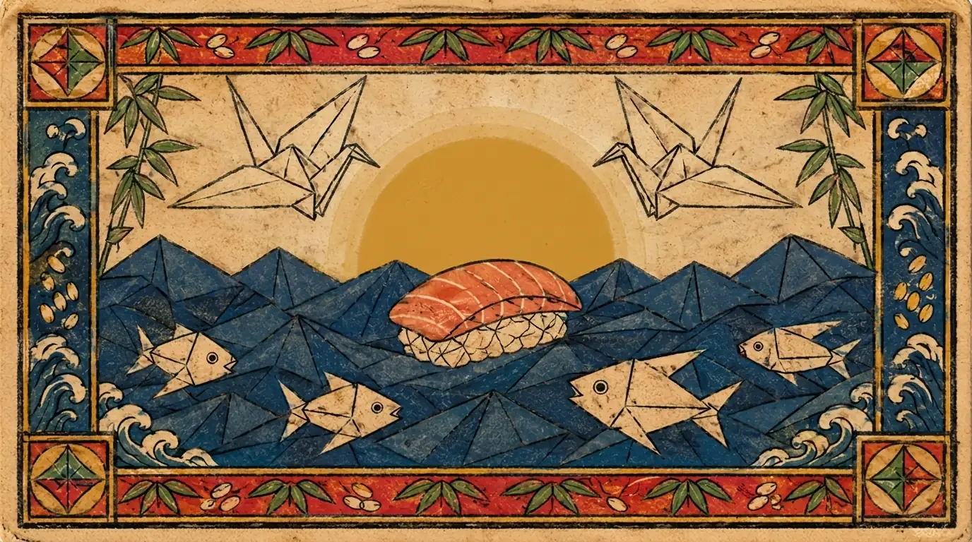 Vintage Japanese matchbox label of an origami sea with paper fish, cranes, and a nigiri boat