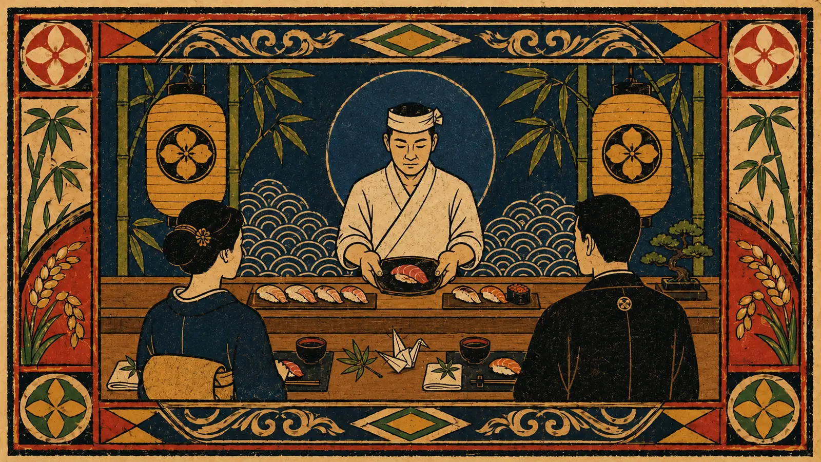 Vintage Japanese matchbox label of an omakase dining moment, chef presenting nigiri to seated guests